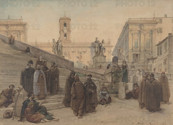 The Campidoglio seen from the Staircase of the Church of the Aracoeli, Rome, at Sunset, 1846. Creator: Charles-Francois Houel.