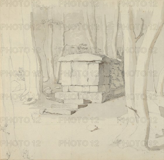 A Stone Tomb in a Forest; verso: Study of a Flower, 1830. Creator: Christen Købke.