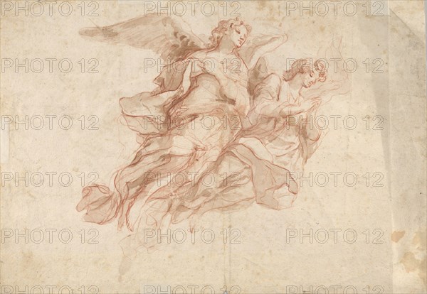 Two Angels Flying; verso: God the Father Seated in the Clouds and a Sketch of a Figure Flying, c1720 Creator: Cosmas Damian Asam.