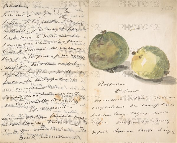 A Letter to Eugène Maus, Decorated with Two Apples, August 2, 1880. Creator: Edouard Manet.