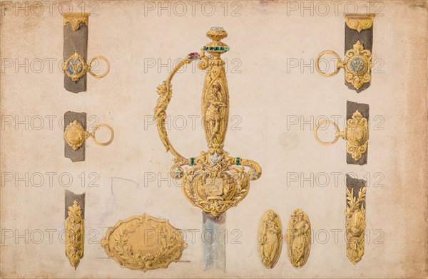 Design for a Sword Hilt, Scabbard, and Belt Fittings, ca. 1840-50. Creator: Attributed to Eugène Julienne.