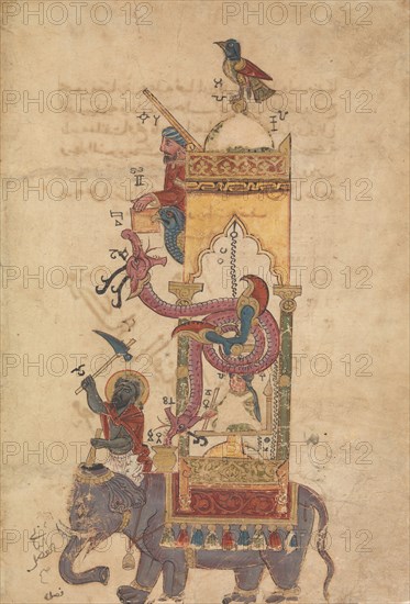 The Elephant Clock, Folio from a Book of the Knowledge of Ingenious Mechanical..., A.H. 715/A.D.1315 Creator: Farrukh ibn Abd al-Latif.
