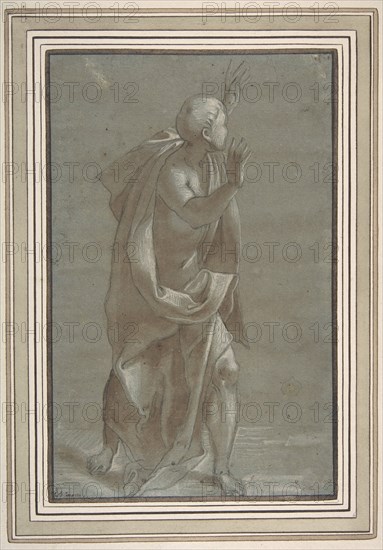 Standing Male Draped Figure With His Hands Raised, 1565-71. Creator: Giovanni Paolo Lomazzo.