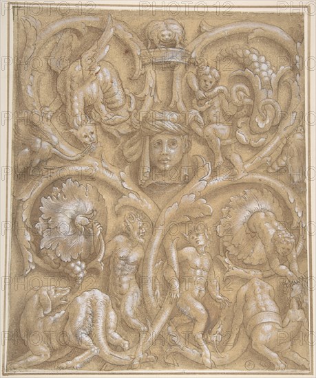 Design for an Ornamental Panel with Rinceaux, Satyrs, Putti, Monsters and a Human Head, 1535-45. Creator: Attributed to Giulio Campi.