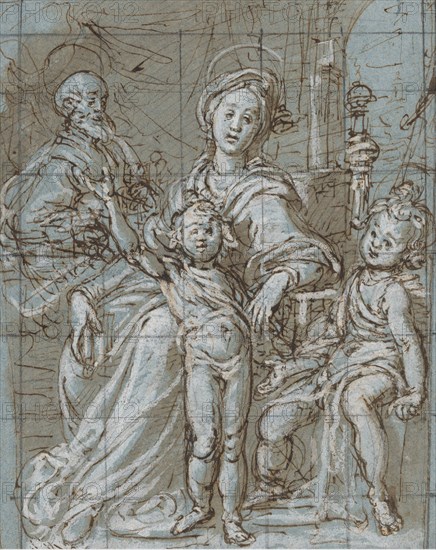 Holy Family with the Infant St. John the Baptist (recto); large-scale cropped sketches..., 1590-92. Creator: Gregorio Pagani.