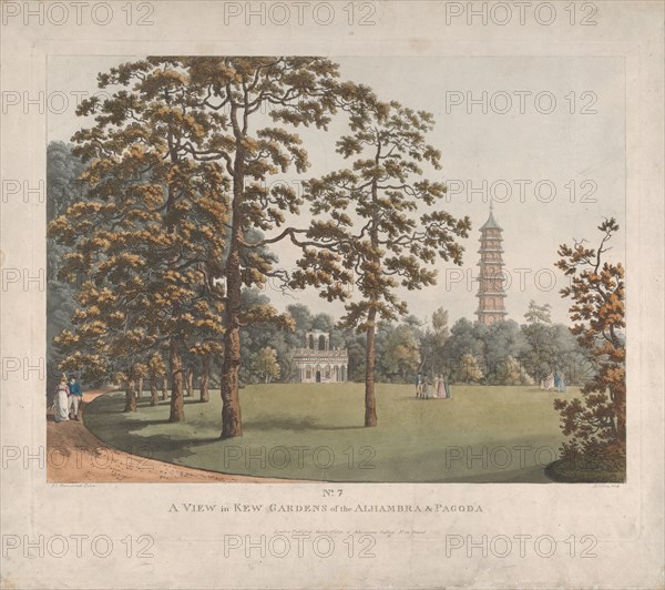 A View in Kew Gardens of the Alhambra and the Pagoda, 1813. Creator: Heinrich Schutz.