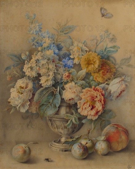 Flowers in a Silver Caster, Fruit in the Foreground, 18th century. Creator: Jacques Andre Portail.