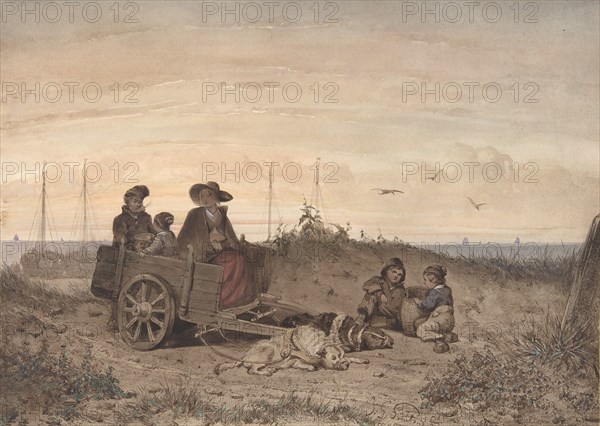 A Fisherman's Family at the Beach, the Mother and One of the Children Sitting in a Cart, 1855. Creator: Jan Gerard Smits.
