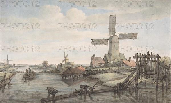 View of a Canal with Three Windmills, late 18th-early 19th century. Creator: Jan Hulswit.