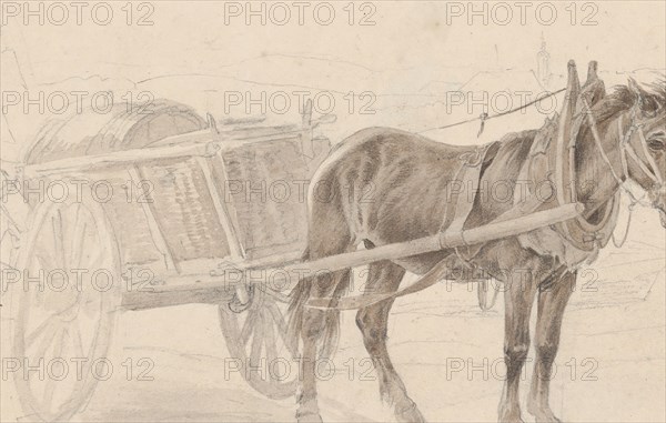 A Cart Drawn by a Brown Horse Near a Lamp Pole; Verso: A Group of Mounted Officers, ca. 1815. Creator: Johann Adam Klein.