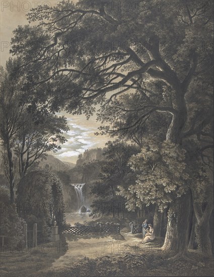 Family Gathered Before a Monument in a Landscape with a Waterfall, 1805. Creator: Johann Heinrich Meyer.