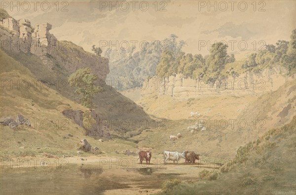 Cattle at a Watering Hole in a Valley, 1830-86. Creator: John Henry Mole.