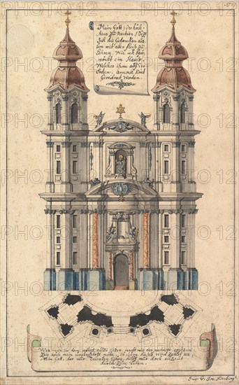 Baroque Church Façade with Obliquely Placed Towers., ca. 1760-70. Creator: Joseph Kirnberger.