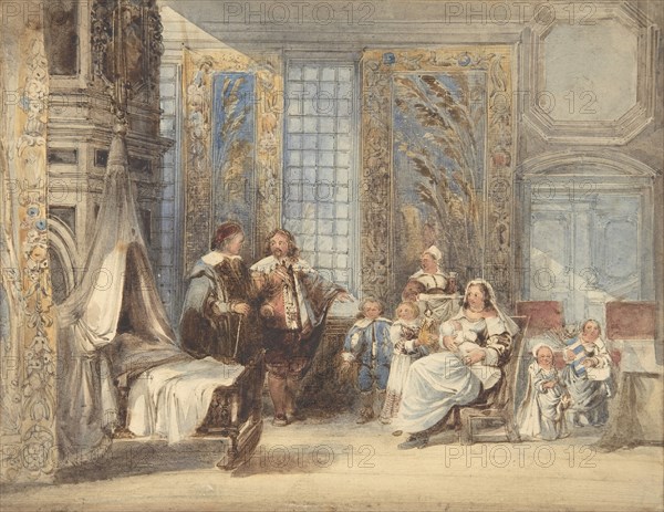 Scene with Family and Guest in Seventeenth-century Interior, 1825-78. Creator: Attributed to Joseph Nash.
