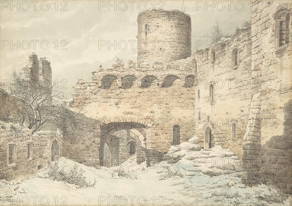 Winter View of the Courtyard of a Medieval Castle in Ruins, 1832. Creator: Julius von Leypold.