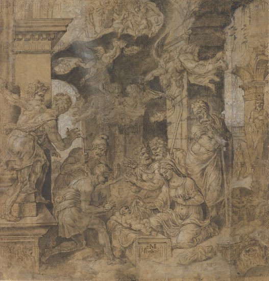 The Adoration of the Shepherds; verso: Sketches, ca. 1532-37. Creator: Maerten van Heemskerck.