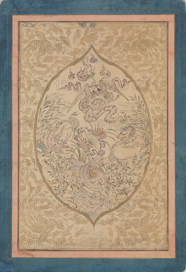 A Gathering of Mythical Creatures around a Lotus Leaf, dated Shawwal A.H. 1088/A.D. 1677. Creator: Mu'in.