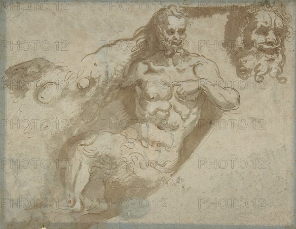 Seated satyr, with enlarged head of same (recto); head of a woman (verso), 1527-96. Creator: Pellegrino Tibaldi.