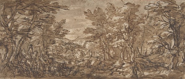 Forest Scene, a Halt at the Left, a Hunt at the Center, 1612-66. Creator: Attributed to Pier Francesco Mola (.
