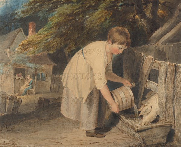 Girl Feeding Pigs, 1800. Creator: Richard Westall.