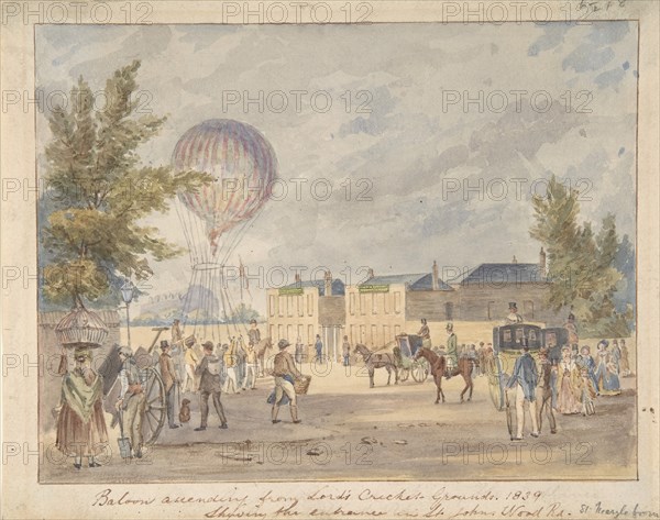 Balloon Ascending Near the Entrance to Lord's Cricket Ground, 1839, ca. 1839. Creator: After Robert Bremmel Schnebbelie.