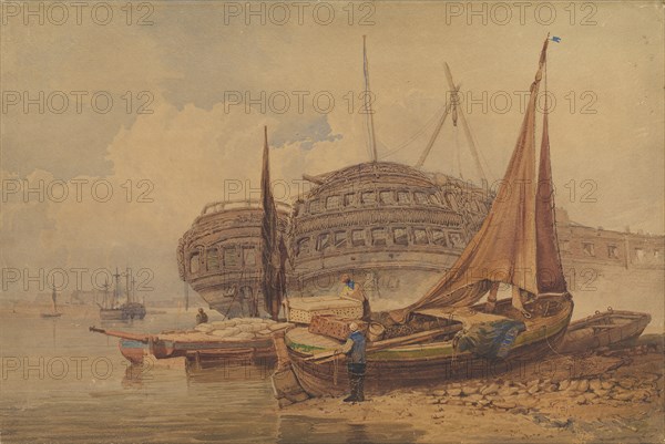 Coastal Scene with Beached Boats in Foreground, early-mid 19th century. Creator: Samuel Prout.