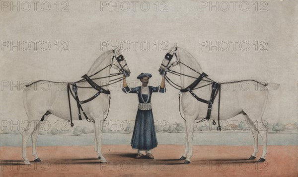 A Syce (Groom) Holding Two Carriage Horses, ca. 1845. Creator: attributed to Shaikh Muhammad Amir of Karraya.