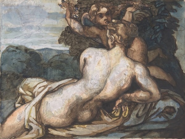 Venus and Cupid in a Landscape, after Annibale Carracci (recto), 1816-17. Creator: Theodore Gericault.