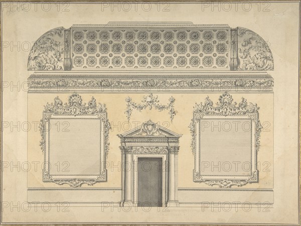 Design for Section of a Rococo Room, with a Coved Ceiling and Ornamented Corinthian..., ca.1750. Creator: Attributed to Thomas Lightoler.