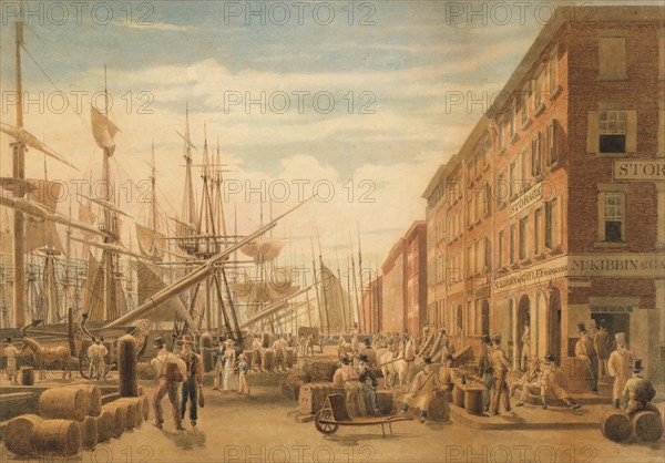 View of South Street, from Maiden Lane, New York City, ca. 1827. Creator: William James Bennett.