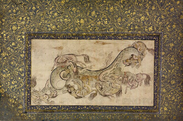 Chilins (Chinese Chimerical Creatures) Fighting with a Dragon, 16th century. Creator: Unknown.