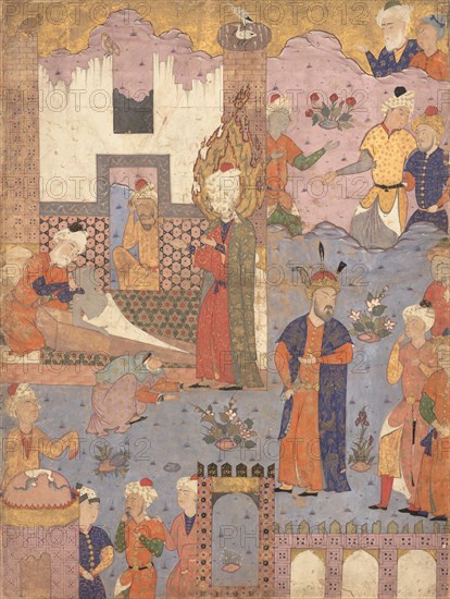 Muhammad Revives the Sick Boy, Folio from a Falnama (Book of Omens) of Ja'far al-Sadiq, 1550s. Creator: Unknown.