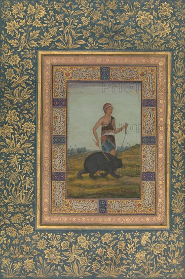Dervish Leading a Bear, Folio from the Shah Jahan Album, recto: early 19th century. Creator: Unknown.