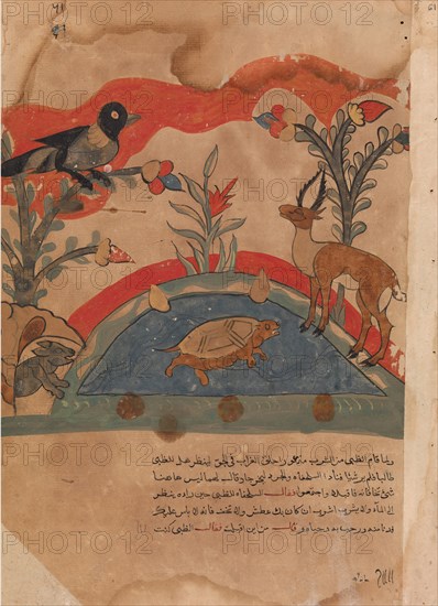 The Gazelle Becomes Friends with the Crow, the Mouse, and the Tortoise..., 18th century. Creator: Unknown.