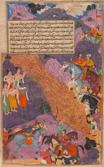Asvatthama Fires the Narayana Weapon (Cosmic Fire) at the Pandavas, Folio..., ca. 1616-17. Creator: Unknown.