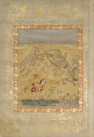 Jahangir Watching an Elephant Fight, ca. 1605. Creator: Farrukh Chela.