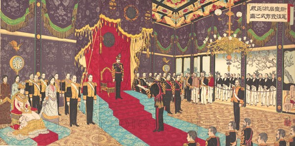View of the Issuance of the State Constitution in the State Chamber of..., March 2, 1889 (Meiji 22). Creator: Adachi Ginko.