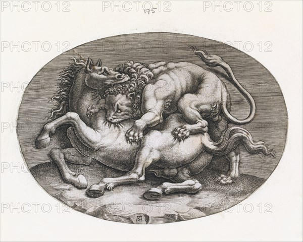 Speculum Romanae Magnificentiae: Lion Attacking a Horse, c1540-80. Creator: Adamo Scultori.