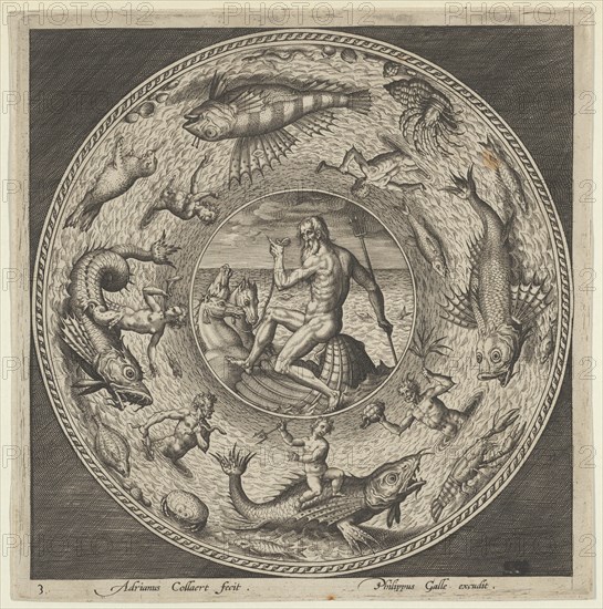 Design for a Plate with Neptune in a Shell Drawn by Horses in a Medallion Bordered by ..., c1600. Creator: Adriaen Collaert.