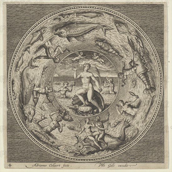 Design for a Plate with Galatea on a Shell Flanked by Trumpeters in a Medallion Border..., c1600. Creator: Adriaen Collaert.