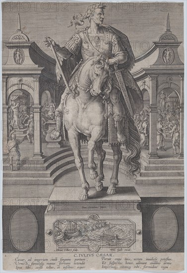 Plate 1: equestrian statue of Julius Caesar, seen from the front, with a scene of a..., ca. 1587-89. Creator: Adriaen Collaert.