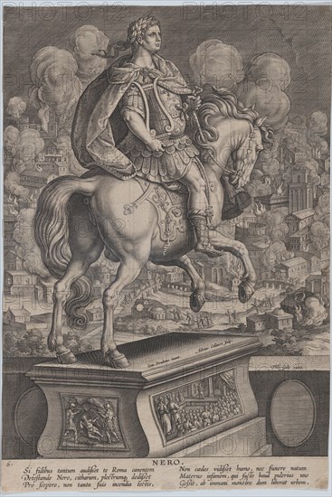 Plate 6: equestrian statue of Nero, seen from behind, the Great Fire of Rome in the..., ca. 1587-89. Creator: Adriaen Collaert.