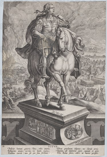 Plate 11: equestrian statue of Titus, seen three-quarters to the right, Mount Vesuv..., ca. 1587-89. Creator: Adriaen Collaert.