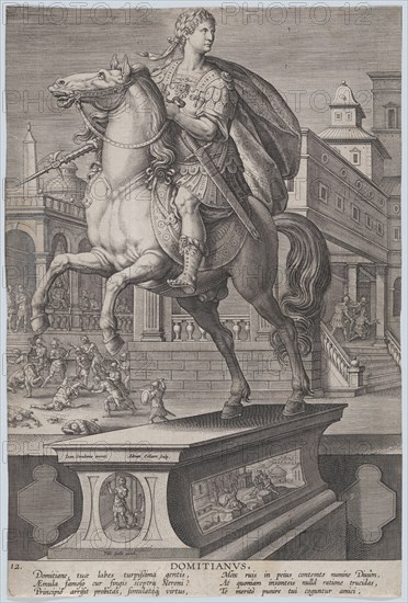 Plate 12: equestrian statue of Domitian, seen three-quarters to the left, with his ..., ca. 1587-89. Creator: Adriaen Collaert.