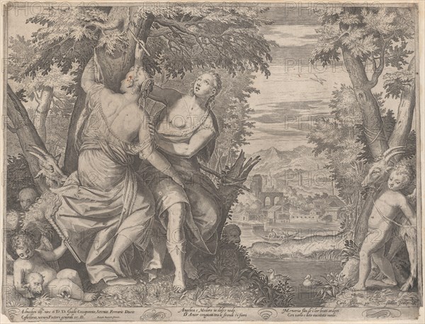 Angelica and Medoro; they stand next to a stream as Medoro carves their names into a tr..., 1590-98. Creator: Aegidius Sadeler II.
