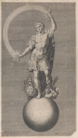 Allegorical figure of a warrior standing on a globe with the papal coat of arms a..., ca. 1588-1629. Creator: Aegidius Sadeler II.