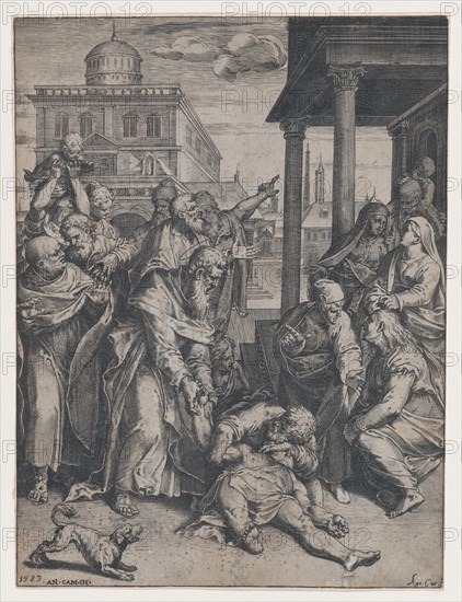 Saint Paul raising Patroclus who is on the ground, surrounded by a group of onlookers, ..., 1583. Creator: Agostino Carracci.