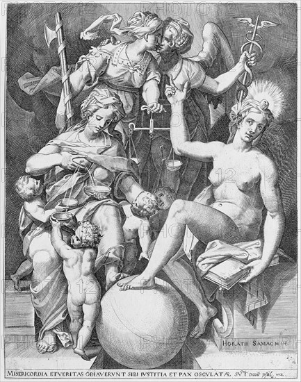 Allegory of the Psalm of David; Misericordia seated to the left feeding four children with..., 1579. Creator: After Agostino Carracci.