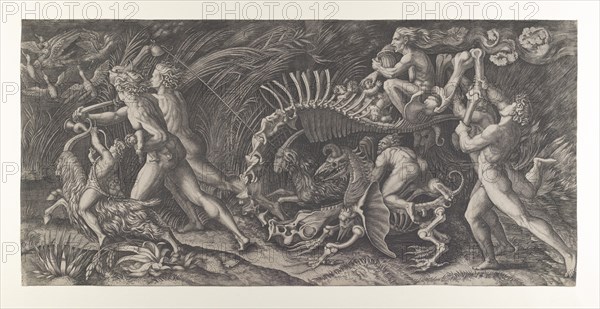 Lo Stregozzo: a female witch riding on an animal skeleton, preceded by two men and ..., ca. 1515-25. Creator: Agostino Veneziano.