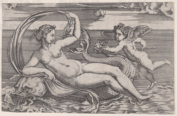 Venus Reclining on a Dolphin, ca. 1516. Creator: Agostino Veneziano.